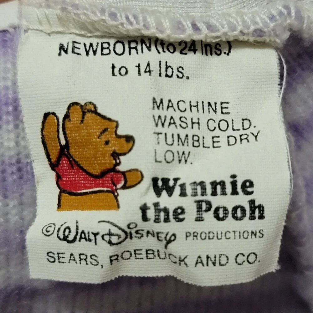 VTG 1983 Winnie The Pooh Purple Striped Infant Newborn Fleece Coverall USA Sears